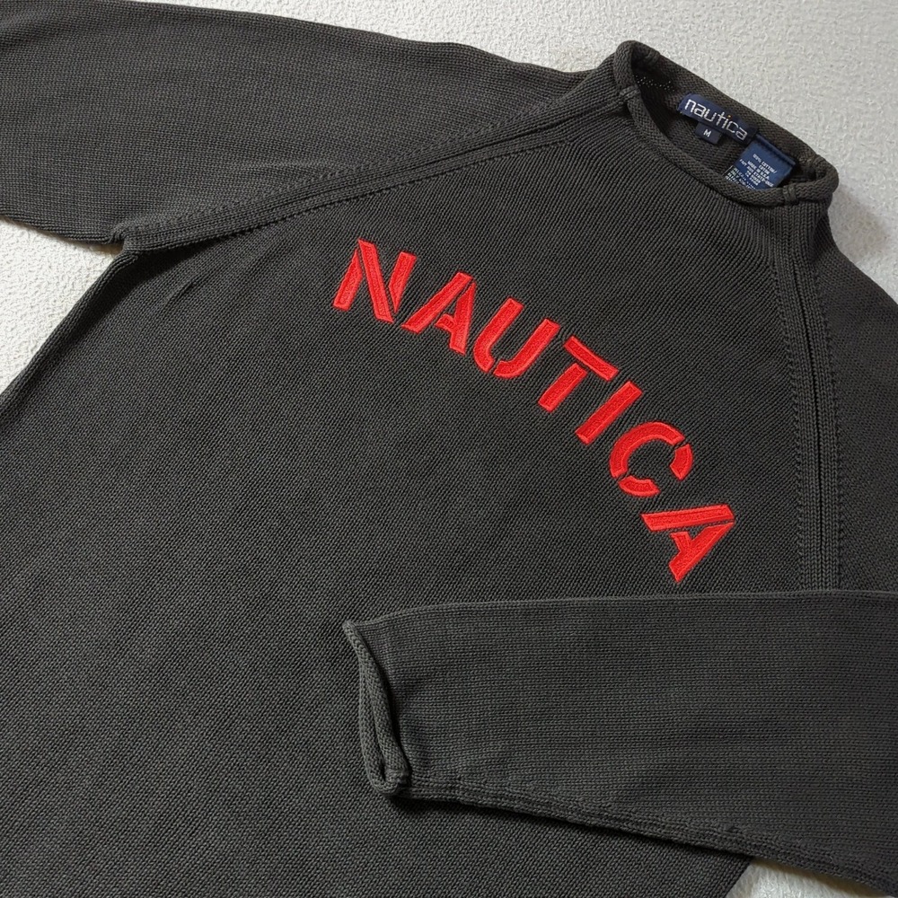 Nautica Knit Sweater Mens Medium Grey Red Spellout Vintage Made in USA Flaw